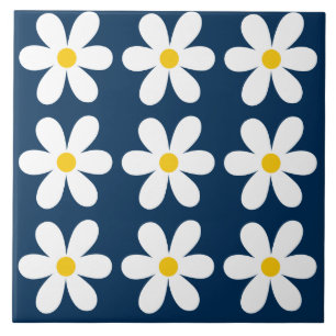 Dark Blue Retro Daisy Floral Pattern Fliese