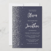 Dark Blue Silver Glitzer Calligraphy Wedding Einladung (Vorderseite)