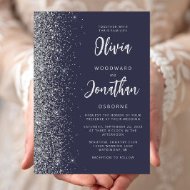 Dark Blue Silver Glitzer Calligraphy Wedding Einladung