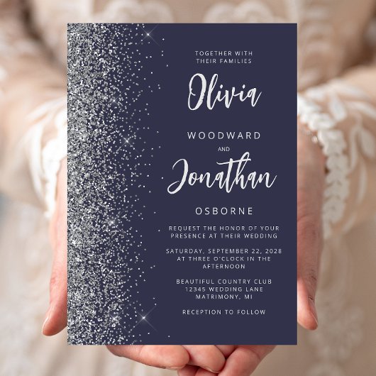 Dark Blue Silver Glitzer Calligraphy Wedding Einladung