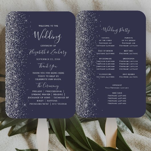 Dark Blue Silver Glitzer Edge Wedding Program Fächer