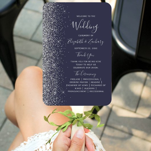 Dark Blue Silver Glitzer Edge Wedding Program Fächer