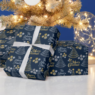 Dark Blue & Silver - Gold Scribble Weihnachtsbaum Geschenkpapier