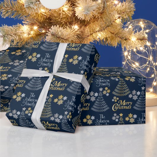 Dark Blue & Silver - Gold Scribble Weihnachtsbaum Geschenkpapier (Feiertage)