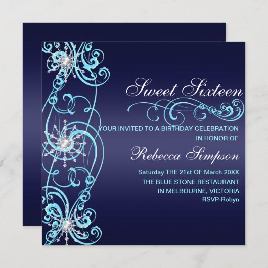 Dark Blue Snowflake Sweet 16 Birthday Einladung (Vorne/Hinten)