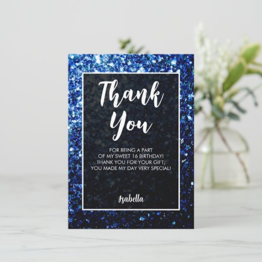 Dark blue sparkles Sweet 16 elegant script Dankeskarte (Stehend Vorderseite)