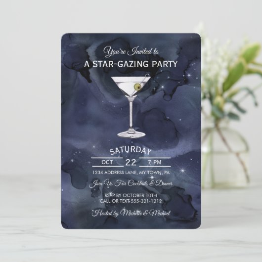 Dark Blue Starry Night Cocktail Party Einladung (Stehend Vorderseite)