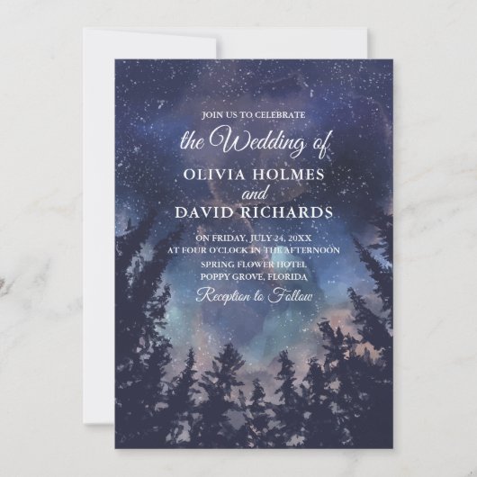 Dark Blue Starry Night Forest Wedding Einladung (Vorderseite)