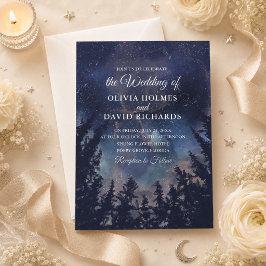 Dark Blue Starry Night Forest Wedding Einladung