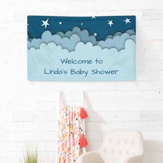 Dark Blue Stars Celestial Welcome Baby Dusche Banner (Insitu)