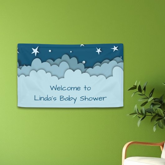 Dark Blue Stars Celestial Welcome Baby Dusche Banner