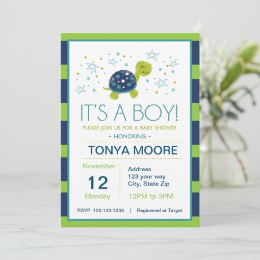 Dark Blue Stripe Turtle Baby Dusche Einladung (Stehend Vorderseite)