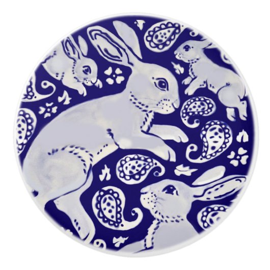 Dark Blue Tancing Rabbits Whimsical Paisley Bunny Keramikknauf (Vorderseite)