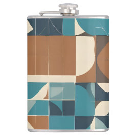 Dark Blue, Teal, Brown, and Tan Geometric Pattern Flachmann