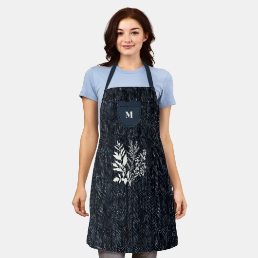 Dark Blue Textured Fabric mit Herb Motif Modern Schürze (Getragen)