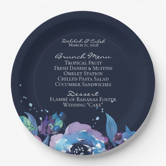 Dark Blue Twilight Floral Watercolor Wedding Pappteller (Vorderseite)