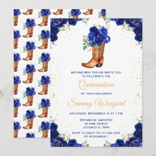Dark Blue und Gold Floral Cowboy Boot Quinceañera Einladung