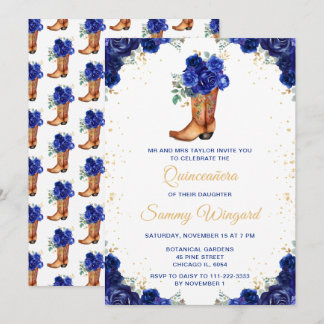 Dark Blue und Gold Floral Cowboy Boot Quinceañera Einladung