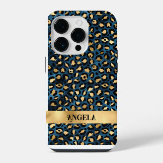 Dark Blue und Gold Leopard Glamourous iPhone 14 Pro Hülle