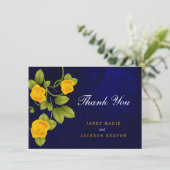 Dark Blue und Marigold Yellow Rose Wedding Dankeskarte (Stehend Vorderseite)