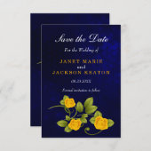 Dark Blue und Marigold Yellow Rose Wedding Save The Date (Vorne/Hinten)