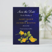 Dark Blue und Marigold Yellow Rose Wedding Save The Date (Stehend Vorderseite)