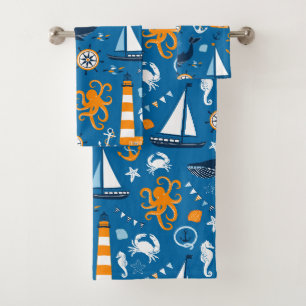 Dark Blue und Orange Nautical Scene Muster Kids Badhandtuch Set