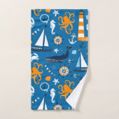 Dark Blue und Orange Nautical Scene Muster Kids Badhandtuch Set (Handtuch)
