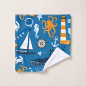 Dark Blue und Orange Nautical Scene Muster Kids Badhandtuch Set (Waschlappen)