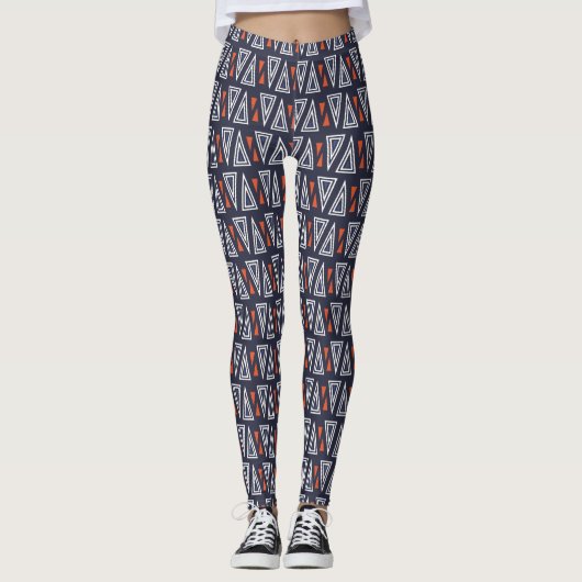 Dark Blue und Red Geometric Triangle Pattern Leggings (Vorderseite)