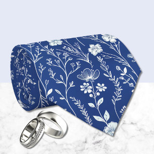Dark Blue und White Chinoiserie Floral Krawatte