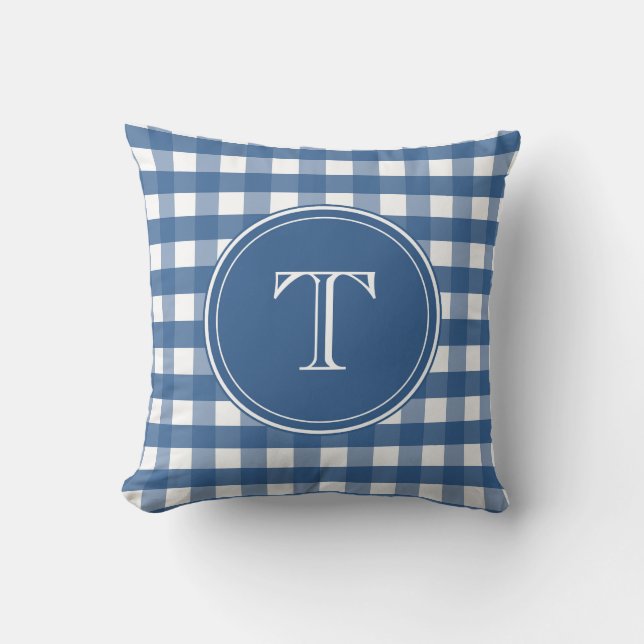 Dark Blue und White Gingham Monogram Kissen (Vorderseite)