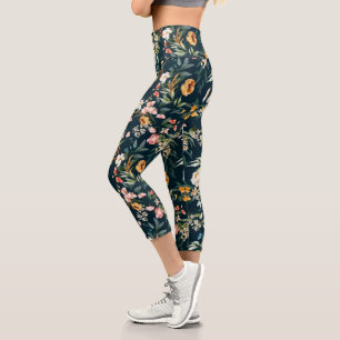 Dark Blue Vintag Style Garden Blume Muster Capri Leggings