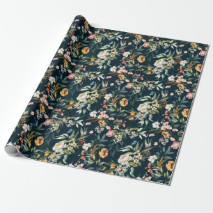 Dark Blue Vintag Style Garden Blume Muster Geschenkpapier