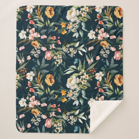 Dark Blue Vintag Style Garden Blume Muster Sherpadecke (Vorderseite)