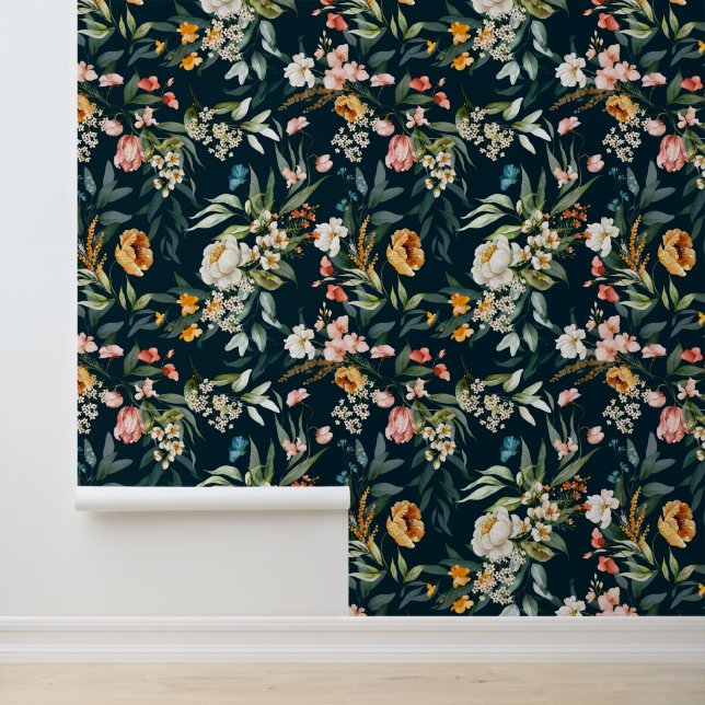 Dark Blue Vintag Style Garden Blume Muster Tapete (Anwendung)
