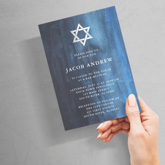 Dark Blue Watercolor Look Bar Mitzvah Einladung