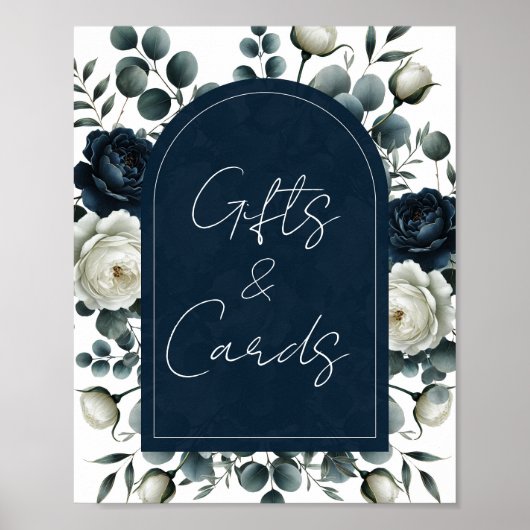 Dark Blue & White Floral Geschenke & Cards Tafelze Poster (Vorne)