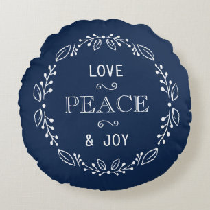 Dark Blue White Floral Holiday Peace Typografy Rundes Kissen