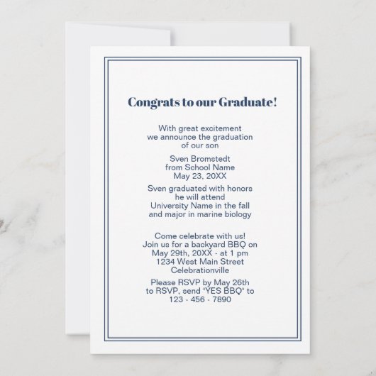 Dark Blue White Minimalistisch Abschluss Ankündigung (Rückseite)