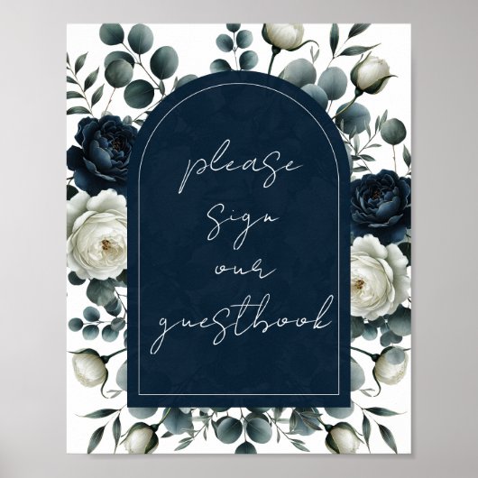 Dark Blue & White Modern Floral Gästebuchunterschr Poster (Vorne)
