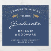 Dark Blue White Script Gold Cap Abschluss Schaumweinetikett (Einzelnes Label)