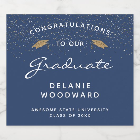 Dark Blue White Script Gold Cap Abschluss Schaumweinetikett (Einzelnes Label)