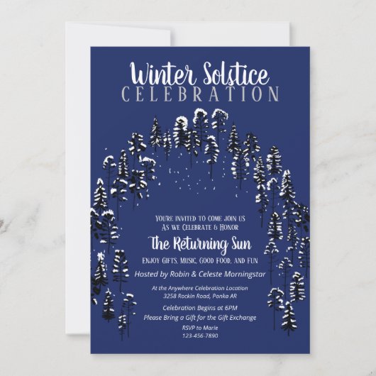 Dark Blue Winter Solstice Weihnachten Snow Forest Einladung (Vorderseite)