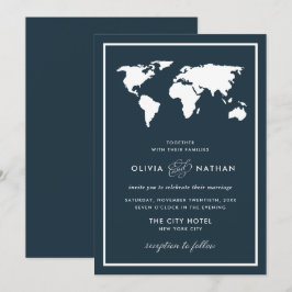 Dark Blue World Map | Elegante Hochzeit zum Thema  Einladung