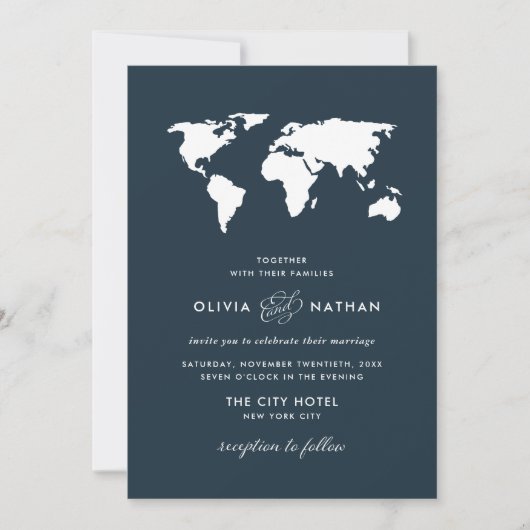 Dark Blue World Map | Elegante Hochzeit zum Thema Einladung (Vorderseite)