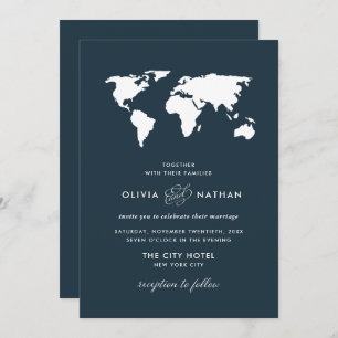 Dark Blue World Map Elegante Hochzeit zum Thema Einladung