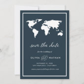 Dark Blue World Map | Elegante Hochzeit zum Thema Save The Date (Vorderseite)