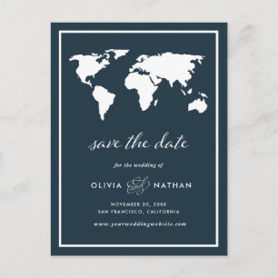 Dark Blue World Map   Elegante Reise Save the Date Ankündigungspostkarte