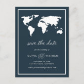 Dark Blue World Map | Elegante Reise Save the Date Ankündigungspostkarte (Vorderseite)